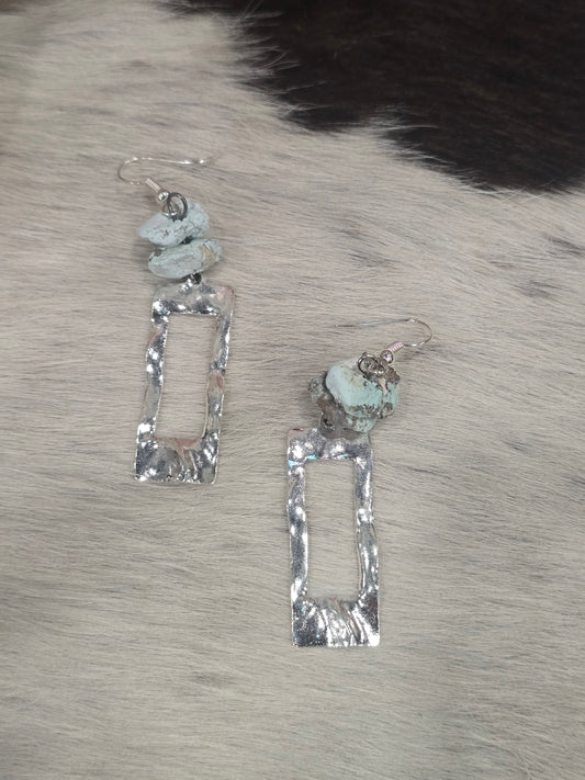 Raw stone hammered rectangle earing